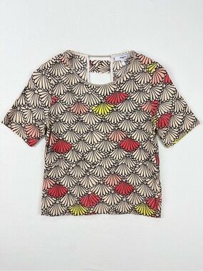 Suncoo Paris Scallop Shell Print Open Back Top French Girl Blouse Pink Yellow
